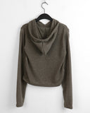 Muff shoulder slit ribbed color matching shirring crop long sleeve hood knit