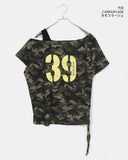 Ray Camo Number Print Off Shoulder Shirring Short Sleeve T-Shirt