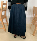 Bekodi banding belt pin tuck brushed denim long skirt