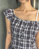 Benha Check Puff Frill Sleeveless Blouse