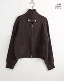 Linen button high neck pocket knit zip-up