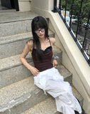 [with pad/adjustable straps] Cheeky back banding layered lace color matching shirring sleeveless