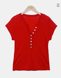 Skew Button V-Neck Short Sleeve Knit