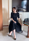 Tian Boat Neck Puff Flare Long One Piece