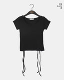Dessa Back Slit Ribbon Ribbed U-Neck Short Sleeve T-Shirt