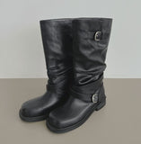 Two-way Buckle Shirring Slit Middle Boots