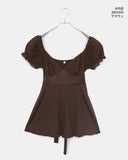 Kiaco Heart Neck Puff Ribbon Punching Short Sleeve Blouse