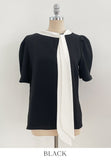 Kain Puff Color Matching Tie-Neck Short Sleeve Blouse