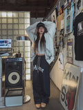 lettering denim wide banding pants