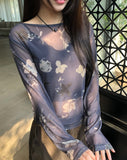 Dubi Flower Mesh See-through Long Sleeve T-shirt