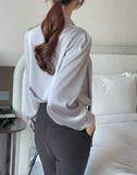 Huberin Satin Pintuck Ribbon Tie Blouse