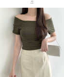 Stripe Span Off-shoulder Slim Fit Basic Length Short Sleeve T-shirt