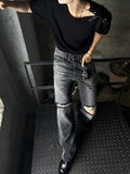 Black Embo Wide Denim