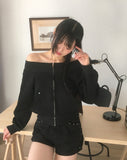 Potic Rivet Pocket Pile Off Shoulder Zip-up