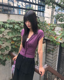 Dyeing V-neck Ribbon See-through Short Sleeve T-shirt