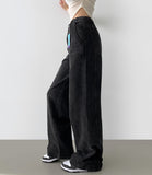 Vertical Cut Line Wide Denim Pants