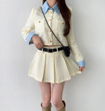 Tweed Two-Piece Crop Jacket Belt Mini Skirt Pants Set