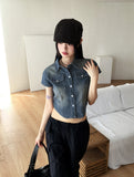 Markle pocket slim washed denim cropped short-sleeved shirt