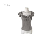 Deto Shirring Heart Neck Lace Ribbon Short Sleeve T-Shirt