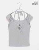 [Fake Layered] Jaden Eyelet Ribbon Halter Neck Shirring Puff Sleeveless