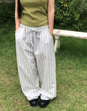 Satin Linen Stripe Wide Banding Long Pants