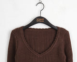Nakky Vintage V-Neck Ribbon String Punching Ribbed Crop Long Sleeve Knit
