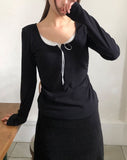 Dew Lace Loose Fit Button Shirring Long Sleeve T-Shirt