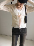 Sime Balletcore Ribbon String Punching Knit Cardigan