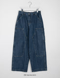 [unisex] Puati Carpenter Rivet Banding Waist Wide Denim Pants