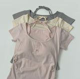 Slim Fit Cup Halter Strap Fake Layered Shirring Short Sleeve T-shirt