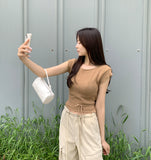 Punching Strap Ribbon Point Crop Short Sleeve Knit