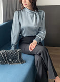 Luan Satin Pintuck Pearl Tie Blouse