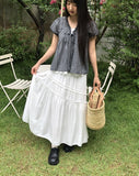 Hichu Stripe Frill Lace Ribbon Short Sleeve Blouse