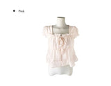 Neron Shirring Frill Ribbon Puff See-through Short Sleeve Blouse
