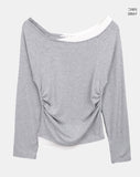 Elan Color Matching Shirring One-Shoulder Long-Sleeve T-Shirt