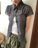 Noel Seersucker V-Neck Check Short-Sleeve Shirt