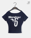 Epee Crack Print Off-Shoulder Short Sleeve T-Shirt