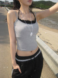 Orton Fake Layered Color Matching Lace Halter Layered Cap Sleeveless