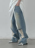 Necked raw damaged denim