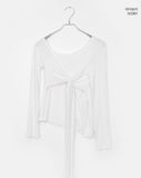 Evin Ribbon Unbalanced Layered One-Off Shoulder Long Sleeve T-Shirt