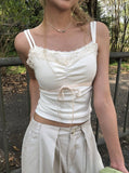 Conma Lace Shirred Ribbon Ribbed Sleeveless