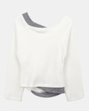 Royu Unbalanced Color Matching Shirring One-Off Shoulder Long Sleeve T-Shirt