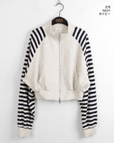 Choit Stripe Color Matching Half Neck Two-Way Pile Crop Zip-Up