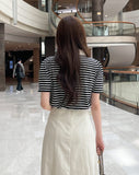 Heden Open Collar Stripe Puff Short Sleeve T-shirt
