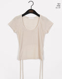 Celty Embossing Back Slit Strap U-Neck Short Sleeve T-shirt