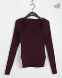 RB Bolero Slit Ribbed Wave Square Heart Neck Long Sleeve Knit