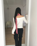 Riting Off Shoulder Ribbon String Angora Knit