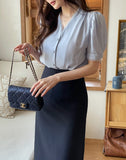 Shawang chiffon color matching shirring short sleeve blouse