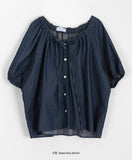 Demins Ribbon Button Denim Short Sleeve Blouse