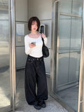 Emil Back Buckle Stitch Raw Denim Wide Pants